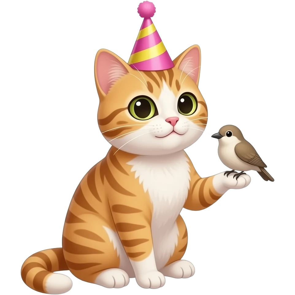 a female cat wearing a birthday hat holding a birdie emoji