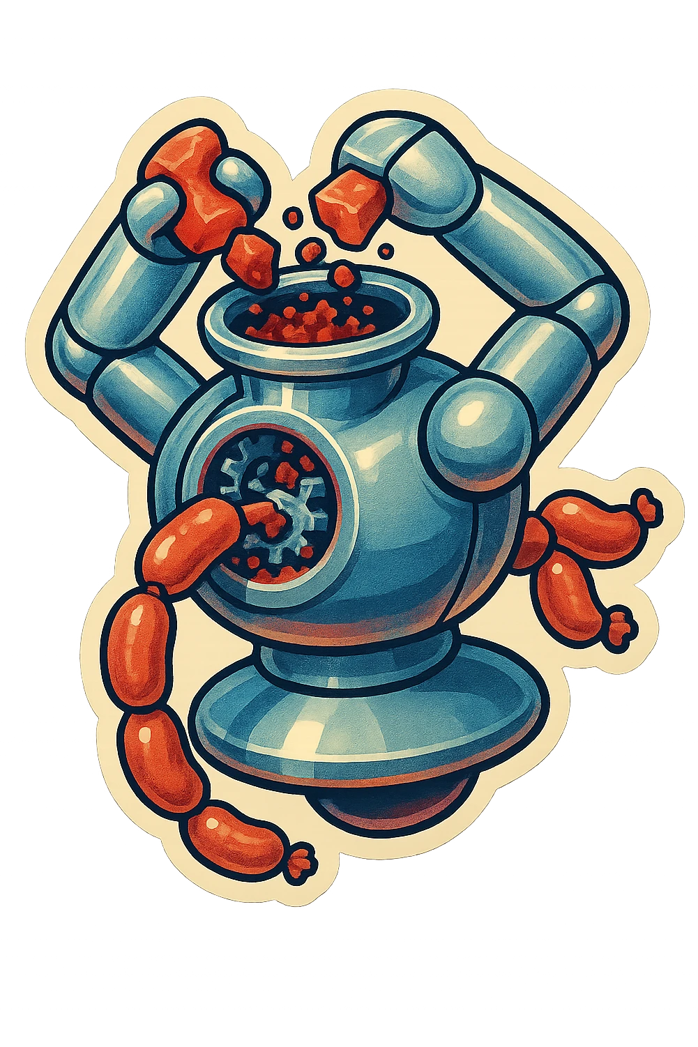 hovering robot. stuffs material into large hole on its top with 2 arms. no neck or head. large hole is where neck and head would be. spinning gears and blades in hole grind red chunks. sausage links come our of hole on backside.  3/4 view. between realism and cartoon. well lit. no dramatic lighting. metallic shiny robot. works diligently. dark humor emoji