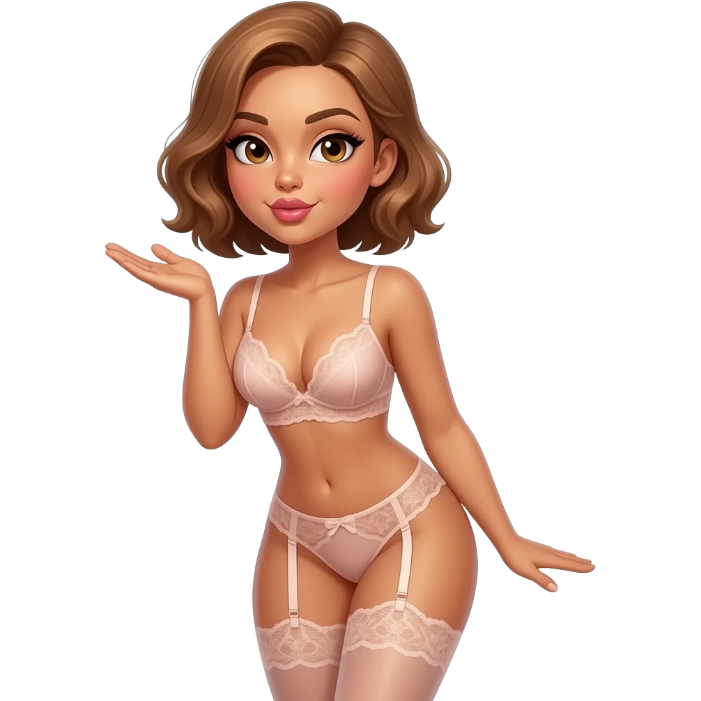glamours,-tanned,-very-beautiful-woman-with-big-plump-rose-beige-lips,-long-lashes,-honey-silky-very short- hair,-wavy-hair,-hazel-eyes-wearing-nude-lace-lingerie-nude-stilettos-Looks-sexy-winking-blowing-kiss-from-hand-full-body emoji