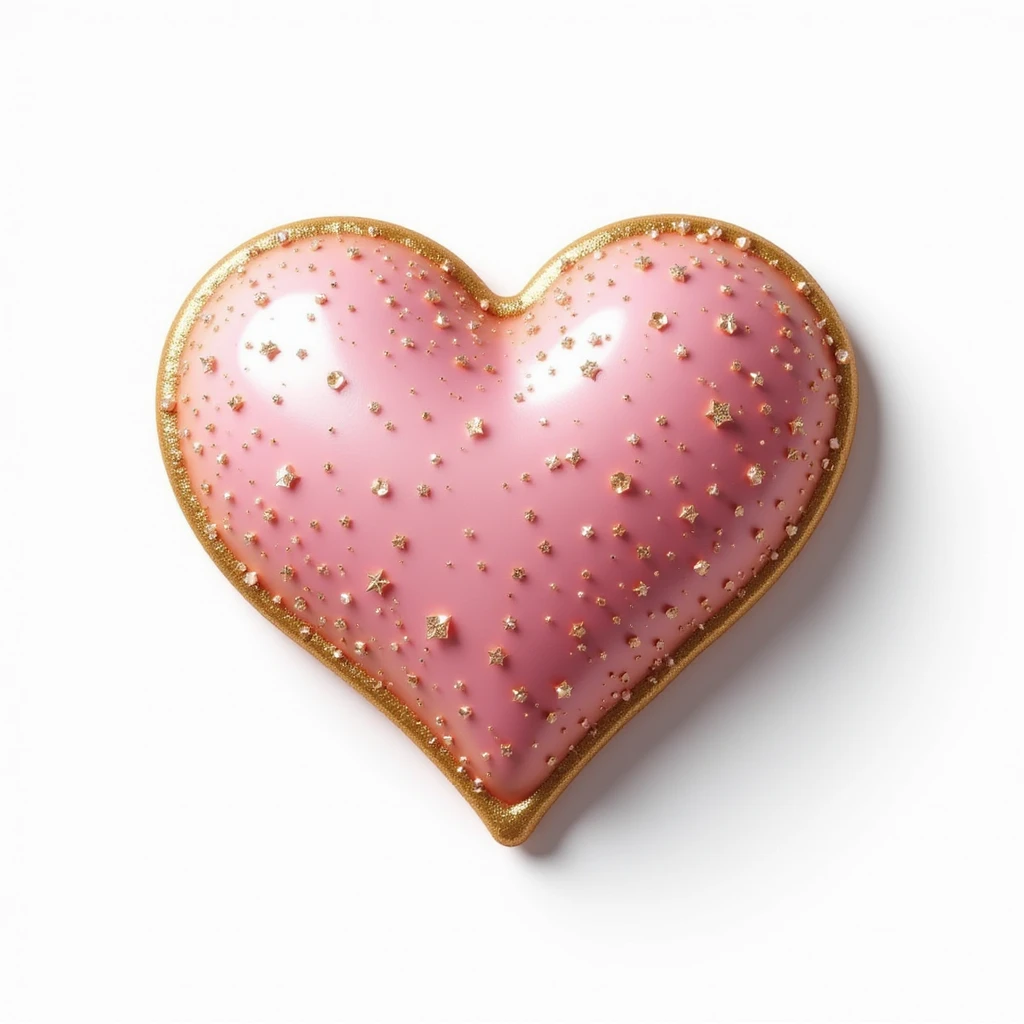 photorealistic pink heart with sparkles and gold outline, realistic drop shadow, white clean background emoji