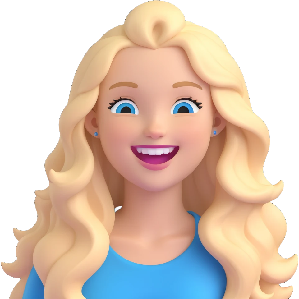 3D emoji of a white girl with long blonde hair, blue eyes, laughing emoji