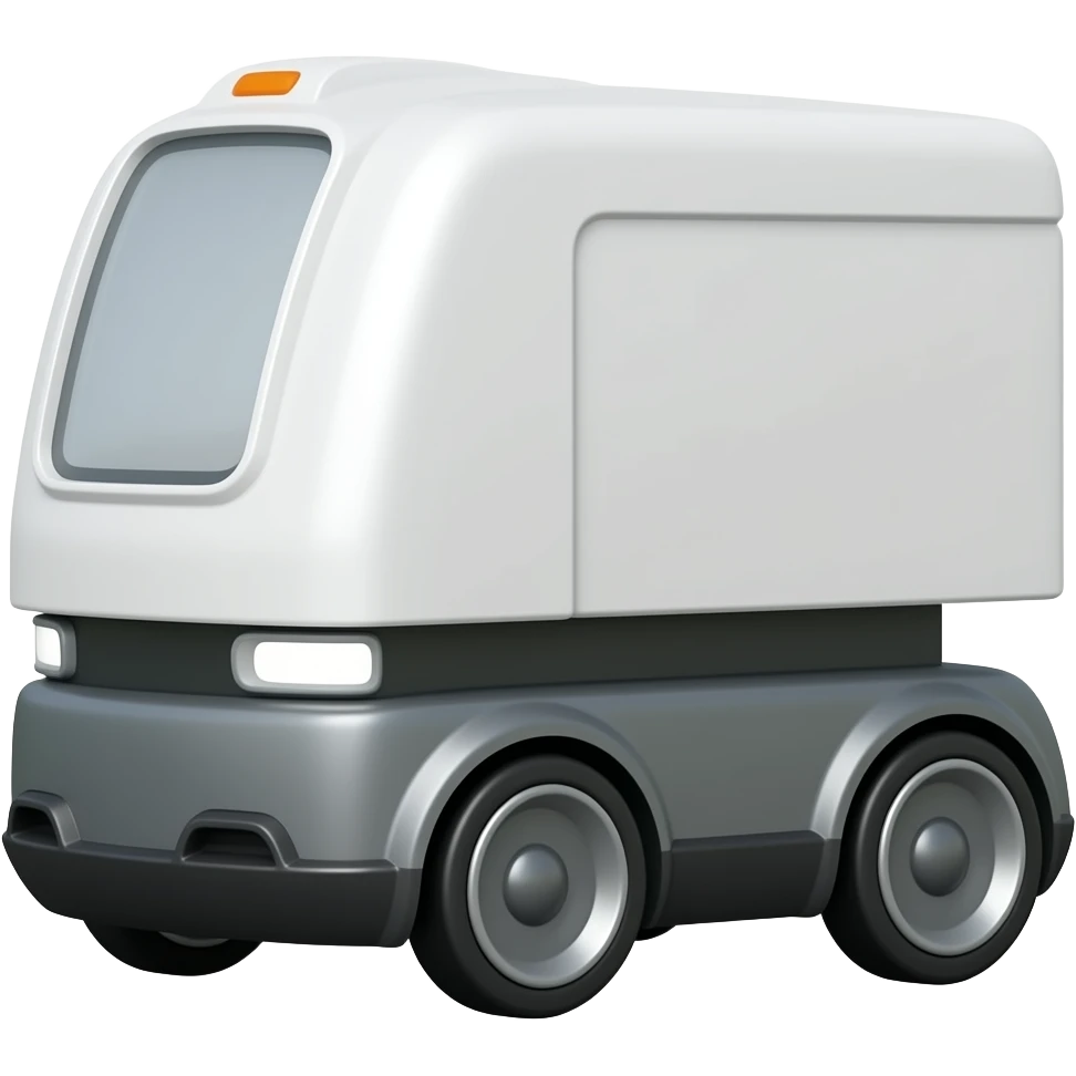 White solid delivery robot with 2 wheels at the front and 2 big wheels on the back emoji