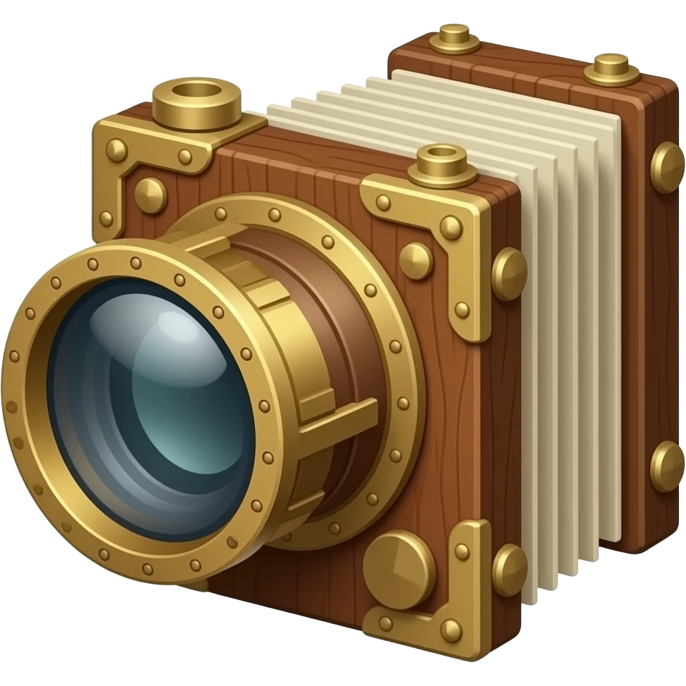 steampunk wooden eccentric camera obscura on accordion emoji