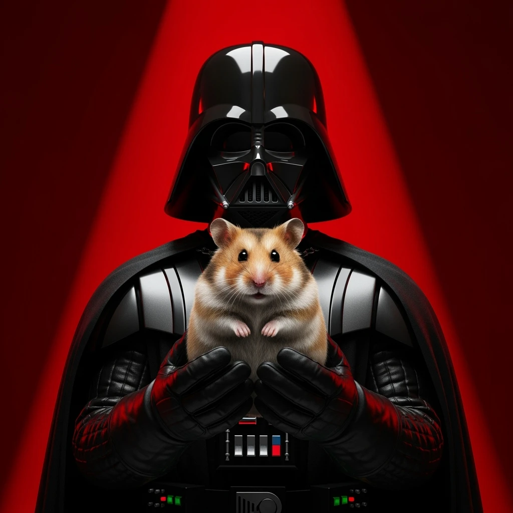 Closeup Photo of a darth vader holding big hamster, low key light, red solid background with leading lines, back light, spot light emoji