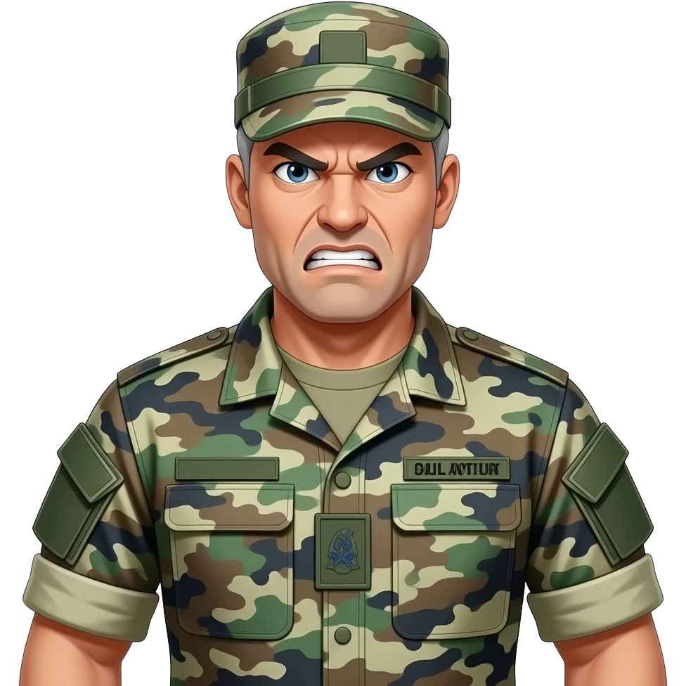 white sergeant character with gray hair. Wearing an urban camouflage uniform and hat, army shirt. The character should have an angry intense expression. full torso and arms emoji