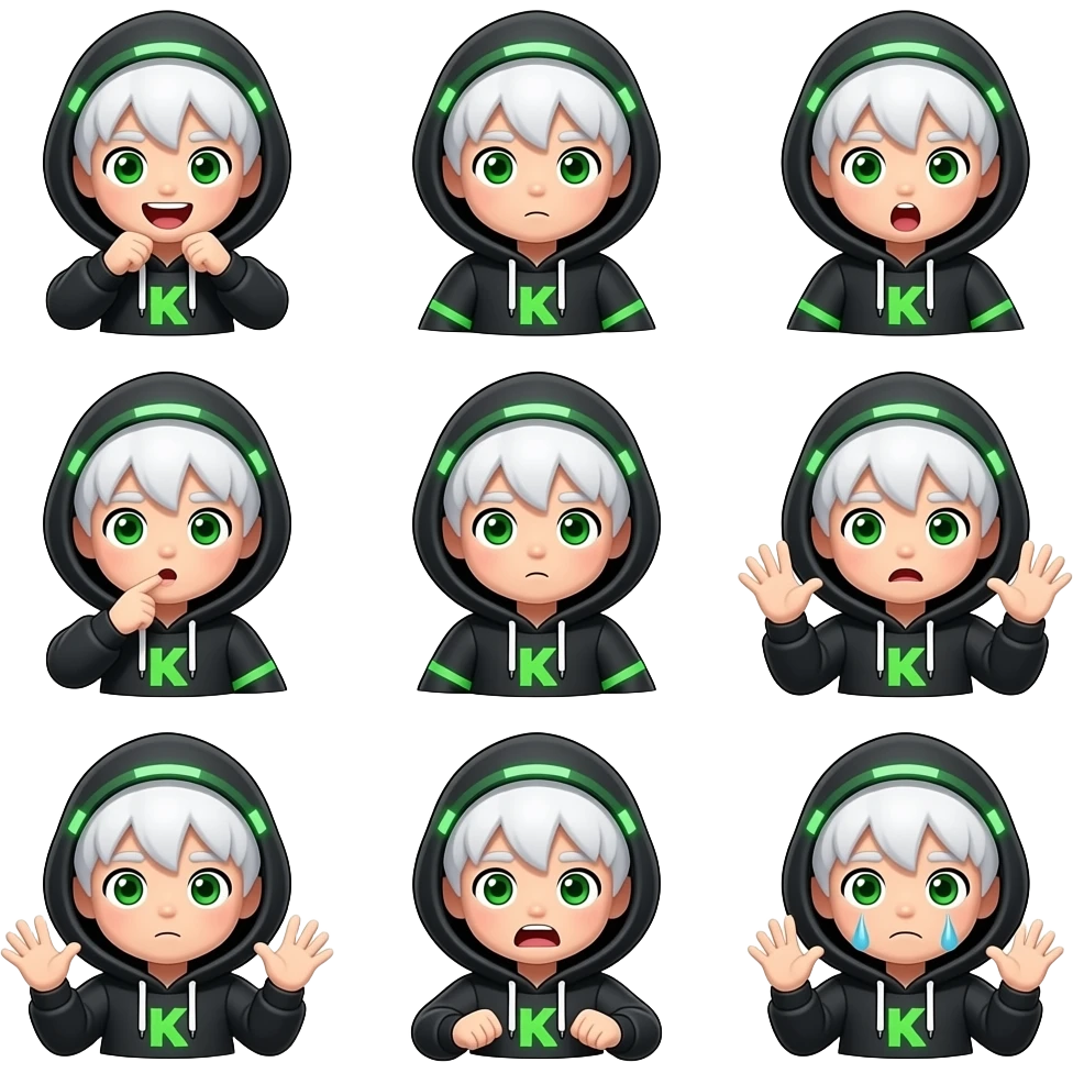 Créame mas de 50 emojis de medio cuerpo con diferentes expresiones de el mismo personaje que ha voy a describir que hagas: pelo blanco, ojos verdes, una sudadera negra con partes verdes futurista con una K en el centro y usa las manos en algunas empresas como de asombro o emocionado y preocupado emoji