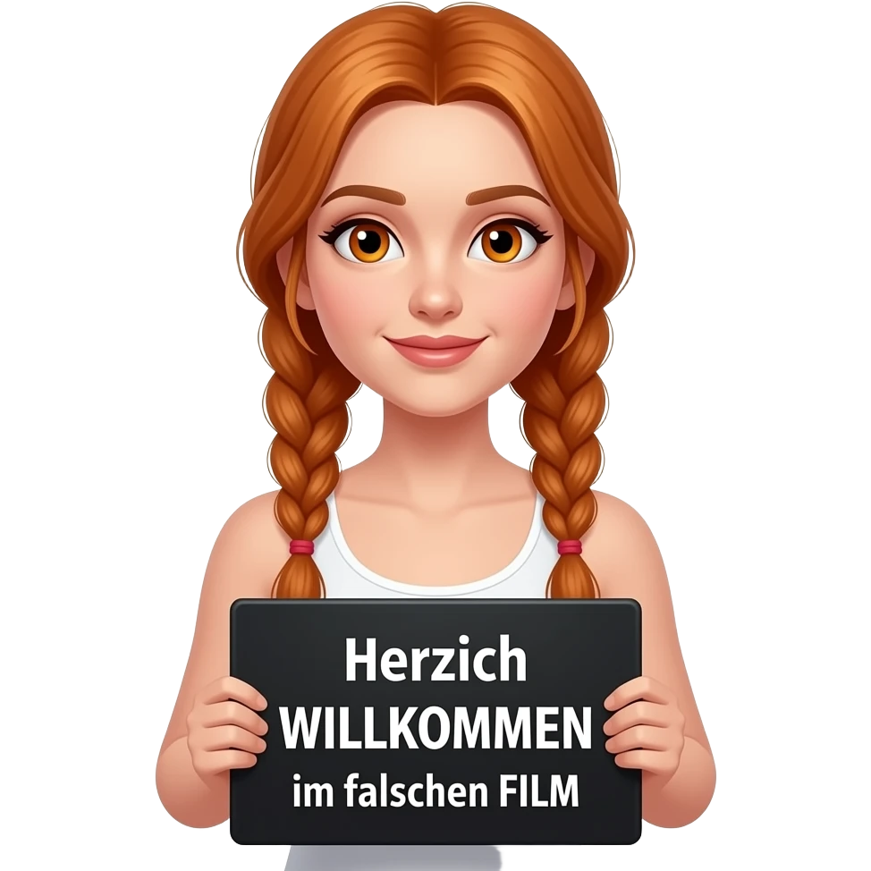 sexy girl with long ginger braids and ginger eyes wearing a white tanktop is holding a black sign with Herzlich WILLKOMMEN im falschen FILM written on it emoji
