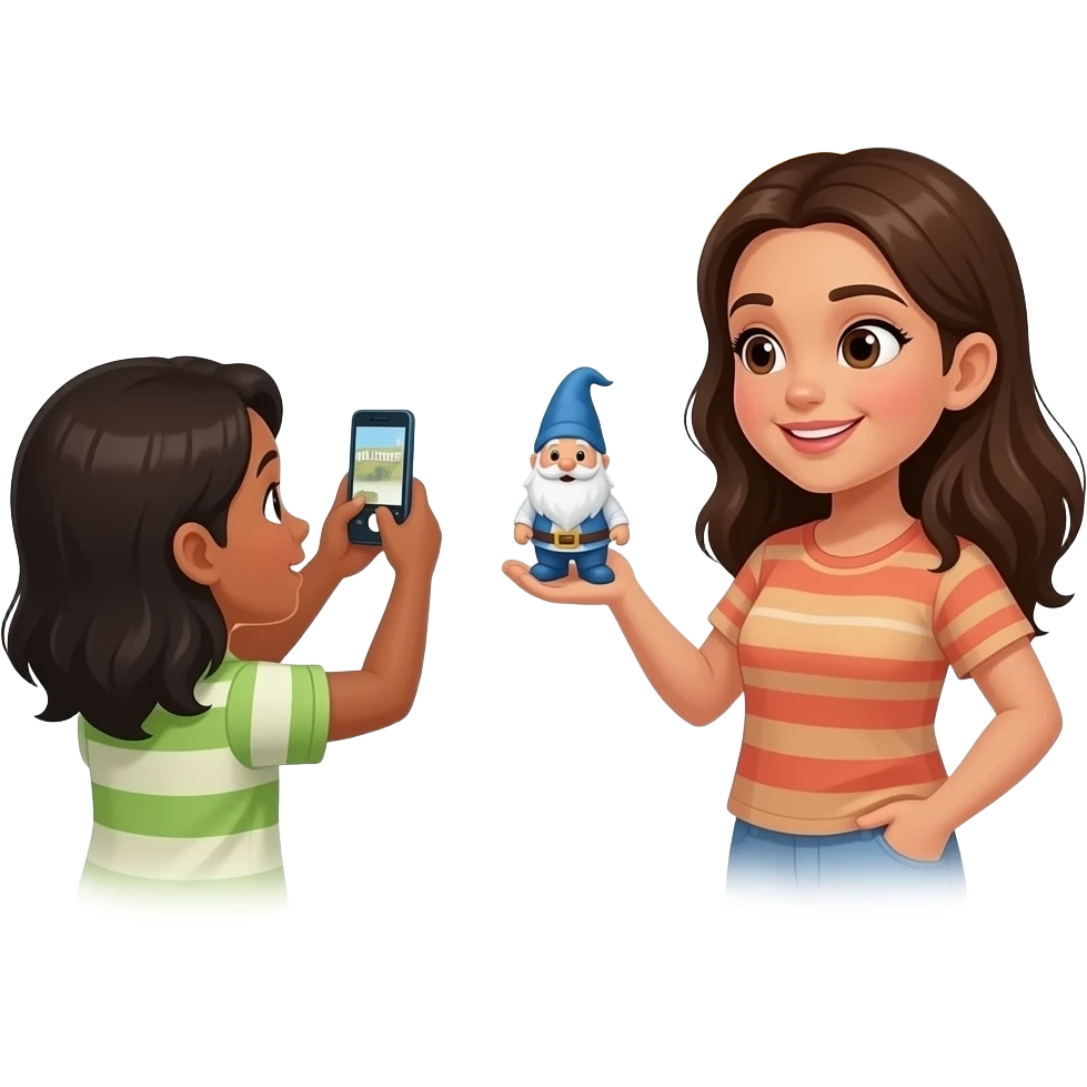 A black girl taking a photo of an spanish girl  holding a small gnome while standing in front of the Hollywood sign emoji