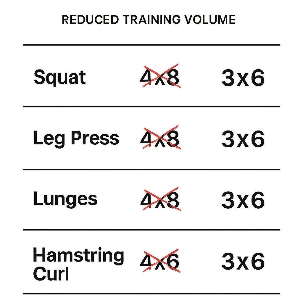 scheda di allenamento gambe con volume di allenamento ridotto (fai alcuni esercizi con 4x8 scritti in precedenza sbarrati in rosso e la correzione accanto tipo 3x6), scrivila al meglio che puoi emoji