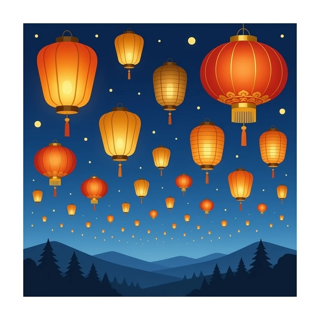 Golden, Orange, bronze, reddish Chinese lanterns flying in the sky as seen from afar emoji