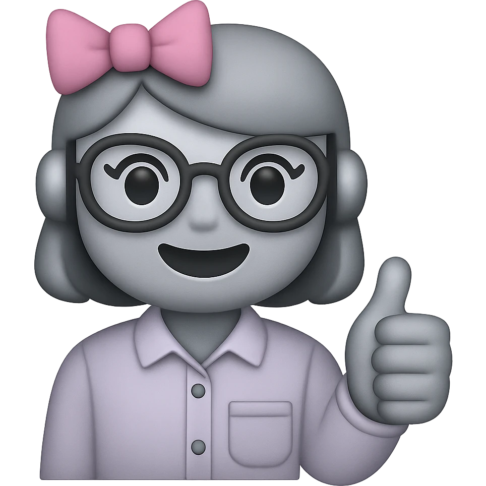 Make the recruiter robot emoji even cuter and more feminine with different hairstyles and accessories like bows or glasses. Style should be apple style, flat, and metallic. The robot is giving a thumbs up, dressed in business casual. Transparent background. emoji
