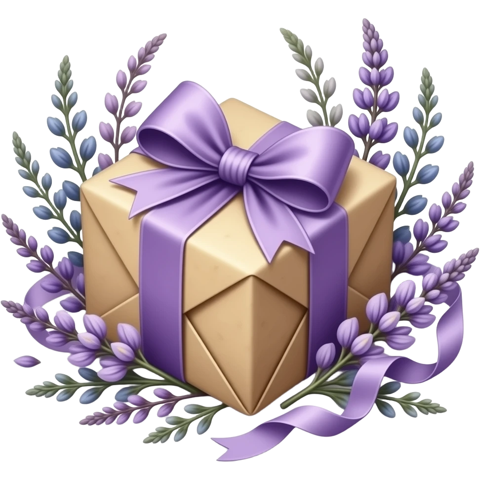 A parchment-wrapped gift with a lavender silk bow rests among dried violet and indigo sprigs, with soft wisteria ribbons adding a touch of vintage elegance emoji