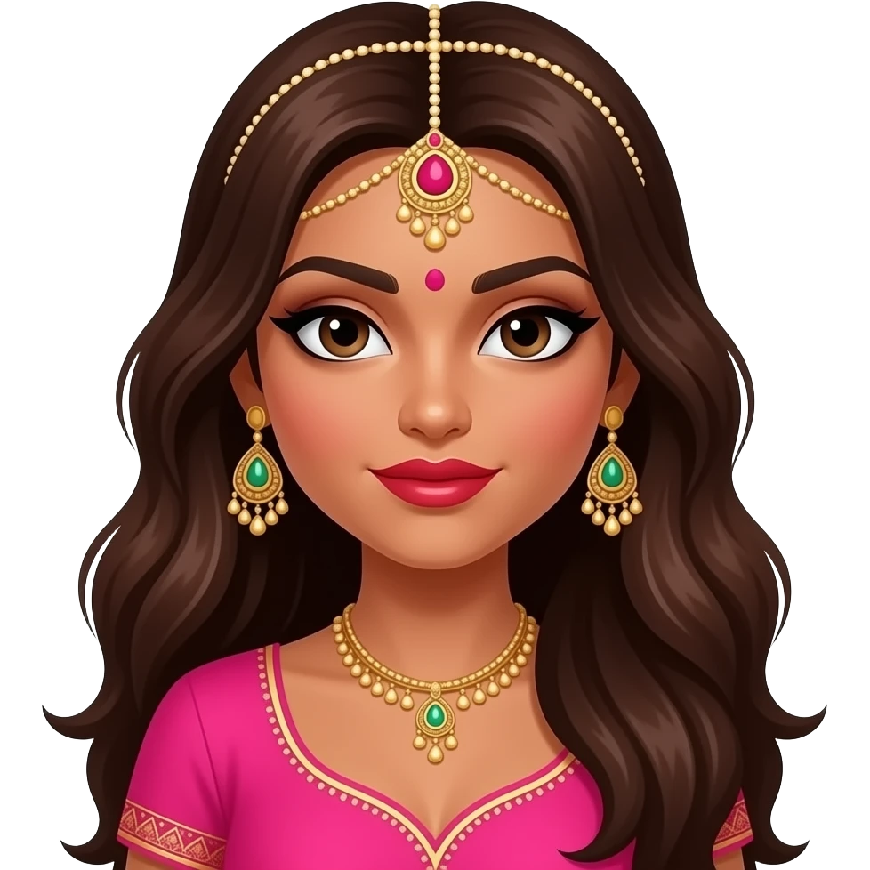 With  cat eyes an Indian baddie wearing hot pink with long brown hair VERY dark skin with a red lip and an indian thing on her head emoji
