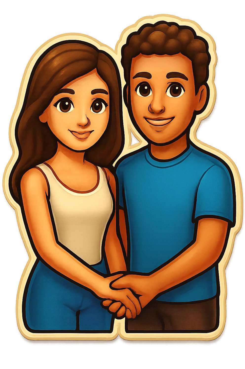 A couple holding hands and standing straight, in the same retro stickers emoji style as the reference image, but without the dog. emoji