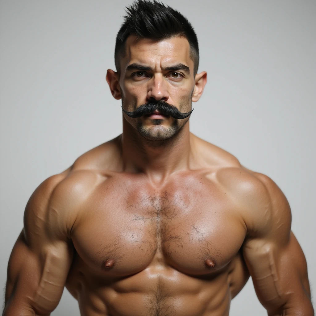 heavily pumped up man, realism, white tanned skin, black hair, buzz cut hairstyle, black handlebar mustache, brown eyes emoji