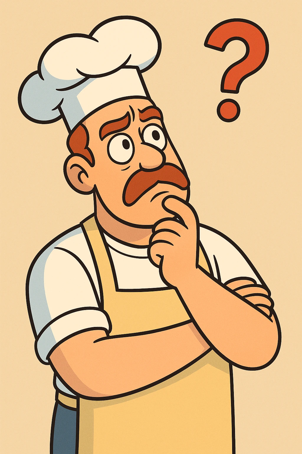 simple illustration of a chef thinking with a question mark above head, wearing apron and chef hat, bright colors emoji