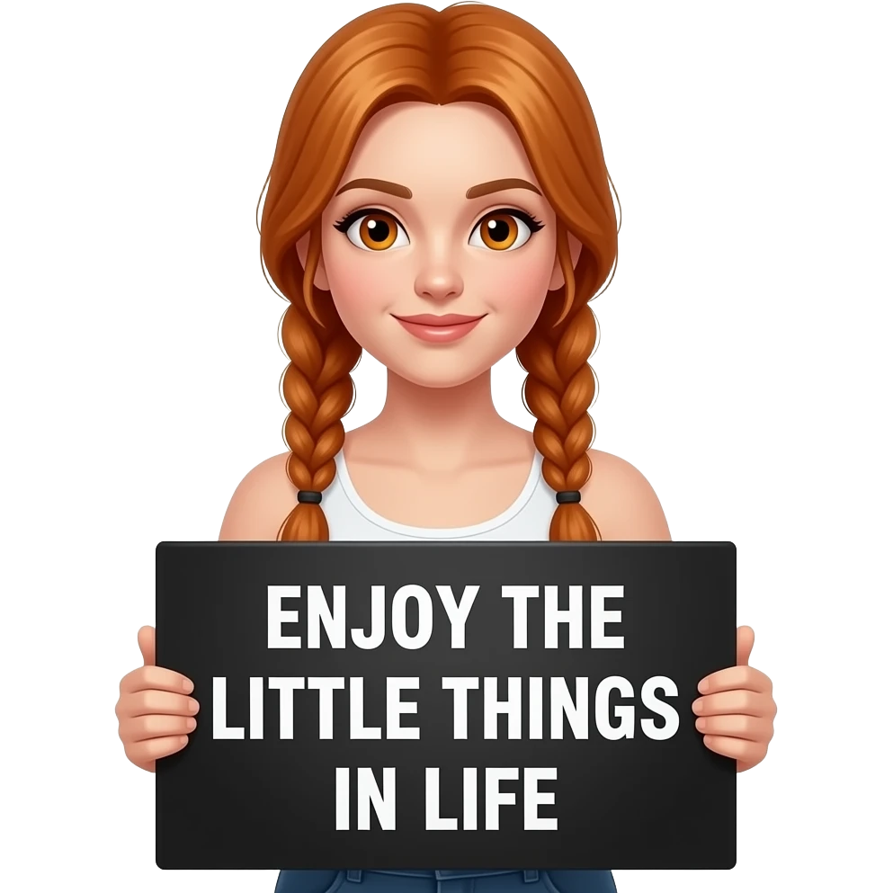 sexy girl with long ginger braids and ginger eyes wearing a white tanktop is holding a big black sign with ENJOY THE LITTLE THINGS IN LIFE written on it emoji
