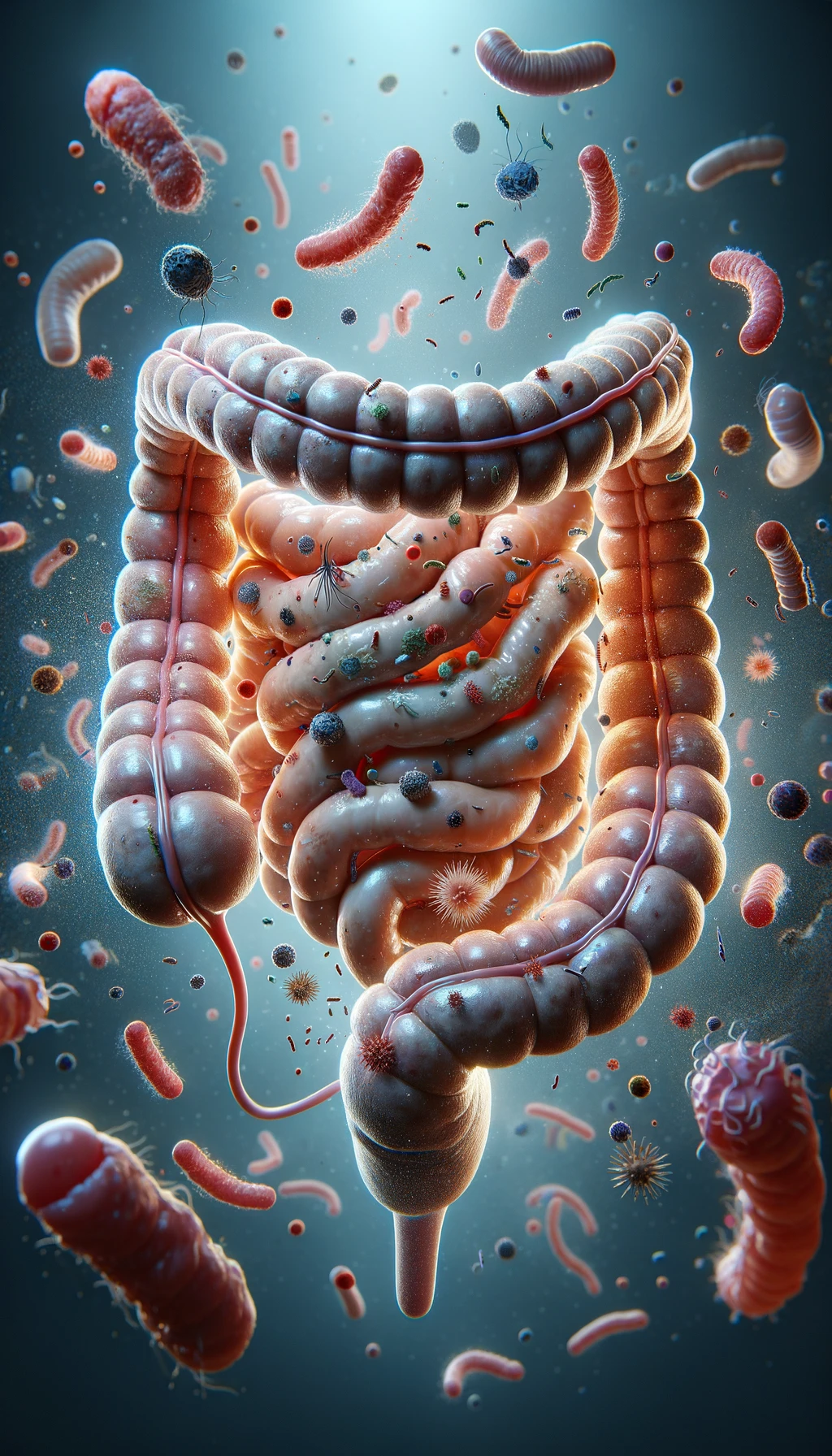 intestino umano realistico con batteri e parassiti che gli fluttuano intorno, iperrealistico 4k emoji