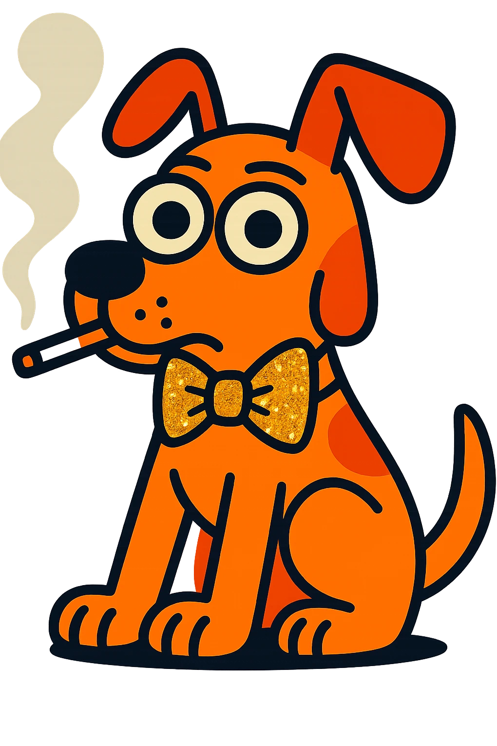 Add a glittery bow tie to the dog while keeping the cigarette. Style is vibrant cartoon with transparent background. Keep the background transparent. emoji