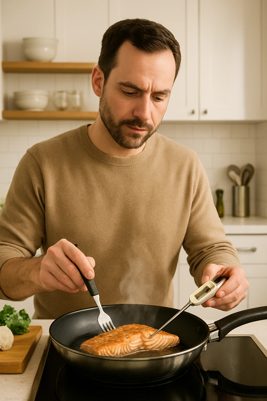 Uomo tra i 30 e i 45 anni in cucina moderna, concentrato mentre cucina un filetto di salmone fresco in padella. Si vede il vapore che sale, la superficie del salmone dorata e ben cotta. L’uomo usa utensili puliti, termometro da cucina nella mano sinistra per controllare la temperatura interna. Sullo sfondo, atmosfera luminosa e pulita, messaggio visivo implicito di sicurezza alimentare e buona pratica. Stile realistico e rassicurante, colori caldi e tono domestico. emoji