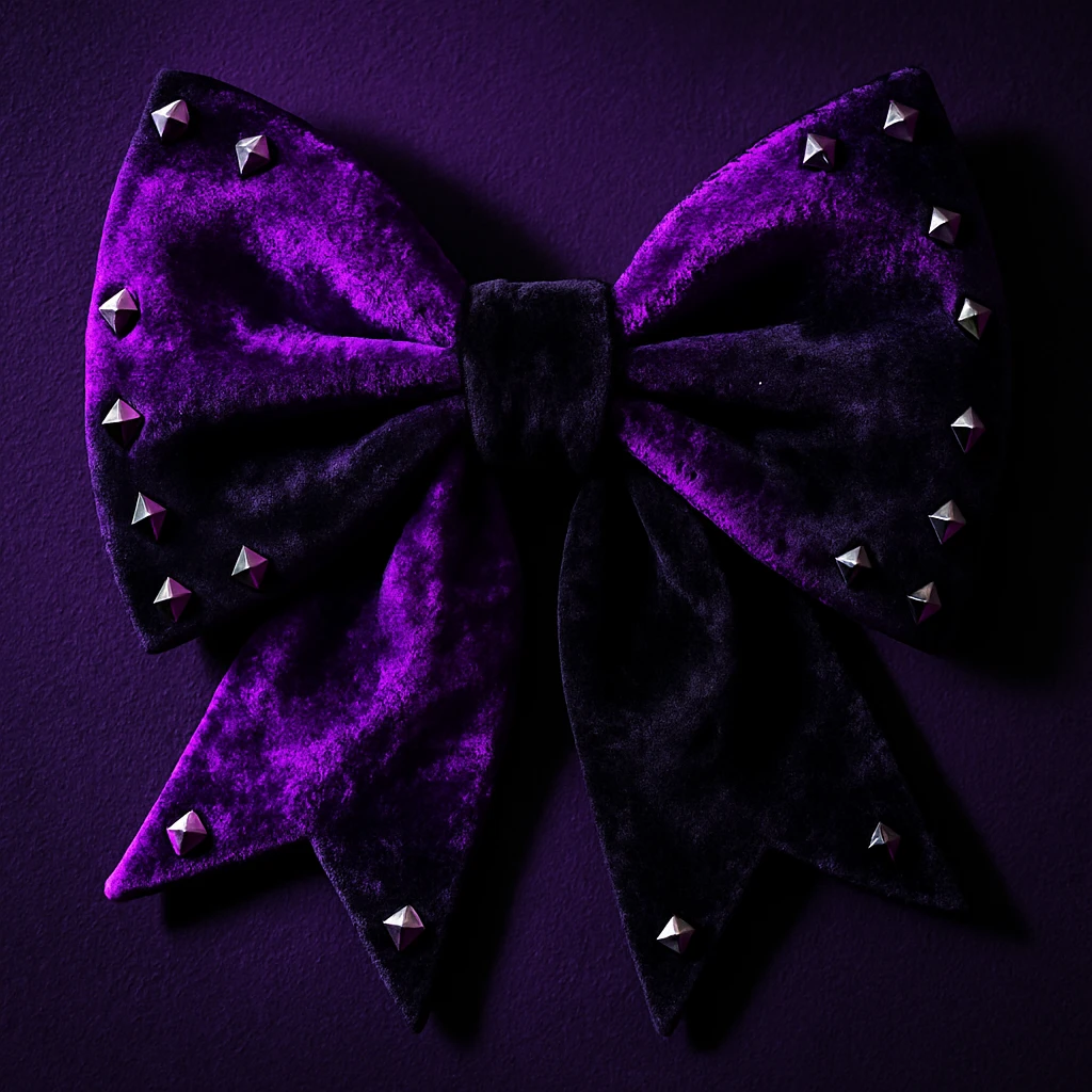 goth bow with velvet texture, neon purple and black, silver studs, dramatic shadows, neon goth palette emoji