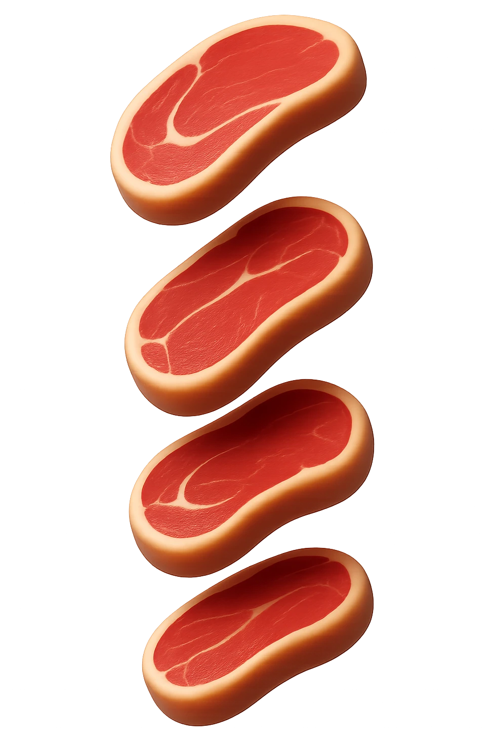 emoji stile iphone in 3d di fette di carne che cadono verticalmente dall'alto, iperrealistico 4k emoji
