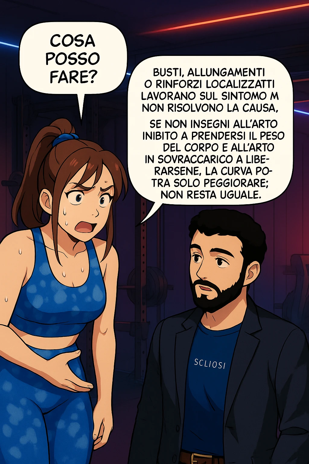 ispirati a questo stile di disegno e fai questa immagine in versione manga/webtoon a colori, il manga mostra la donna preoccupata che chiede: "COSA POSSO FARE?" E L'UOMO CHE RISPONDE: Busti, allungamenti o rinforzi localizzati lavorano sul sintomo ma non risolvono la causa. Se non insegni all’arto inibito a prendersi il peso del corpo e all’arto in sovraccarico a liberarsene, la curva potrà solo peggiorare; non resta uguale. Commenta con scoliosi e ti mando un esempio del lavoro da fare per recuperare simmetria ed eliminare il dolore. emoji