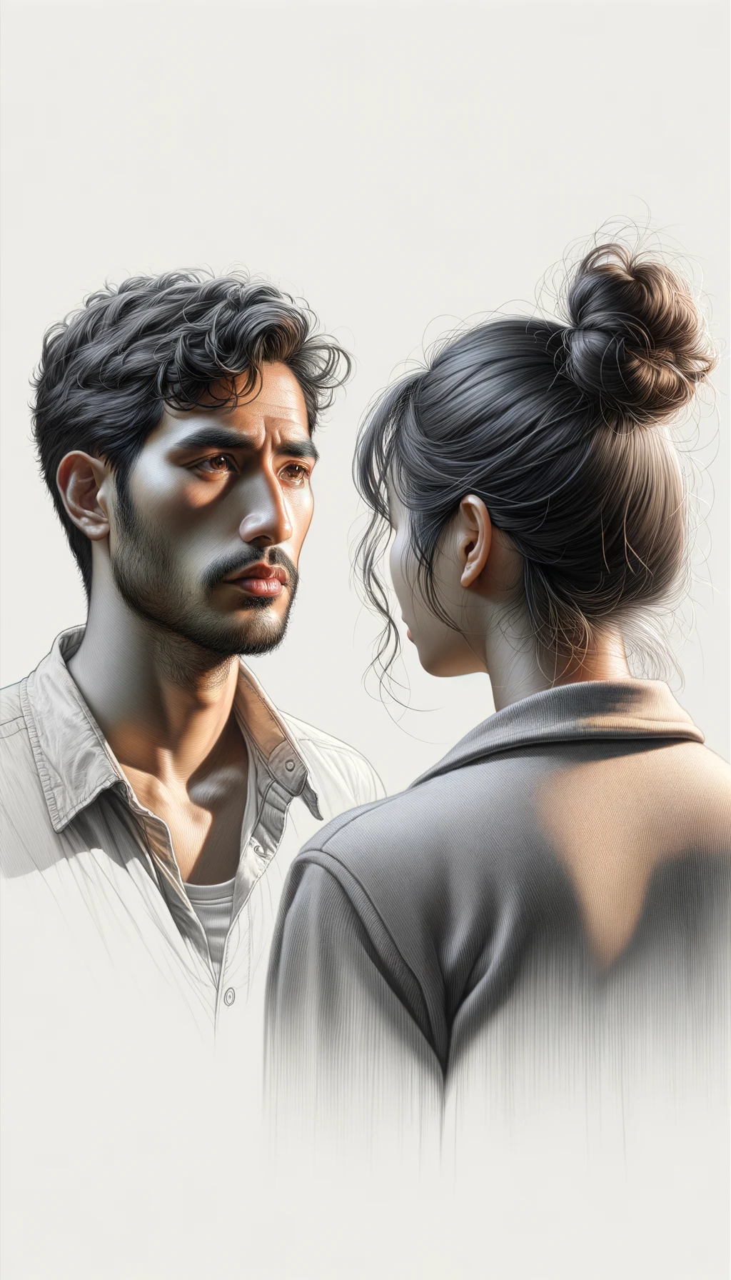 a close-up scene where one person, facing the viewer, is talking with clear emotion, while another person is shown from the back, their head slightly turned as they listen. The background is a clean, light color, enhancing the clarity and realism of the scene. Fine details in facial features, hair texture, and clothing are visible. emoji