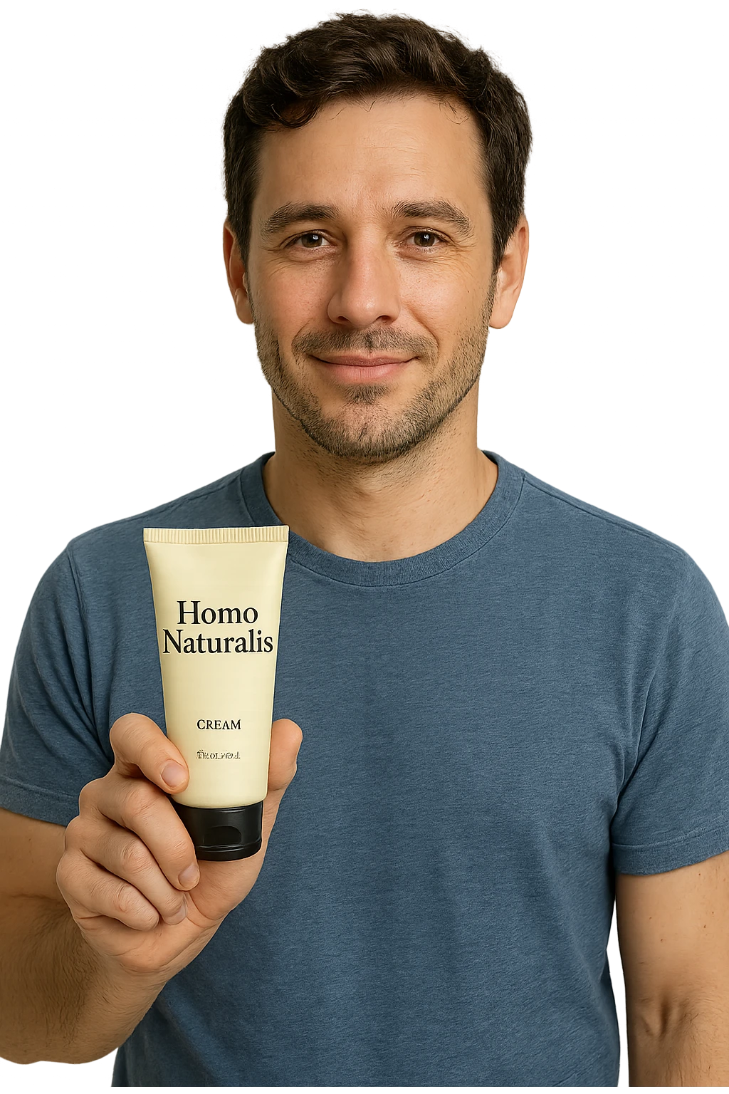 uomo con in mano un prodotto crema di marca "Homo Naturalis" emoji