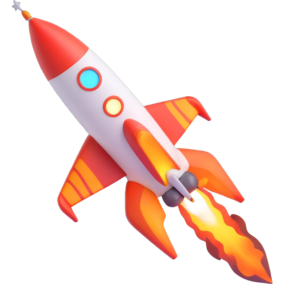 A rocket ship with flames, stars, and a futuristic design emoji