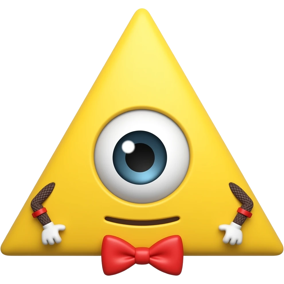 Um triângulo amarelo SEM BOCA, sem boca, com um olho, gravata borboleta, bracinhos emoji