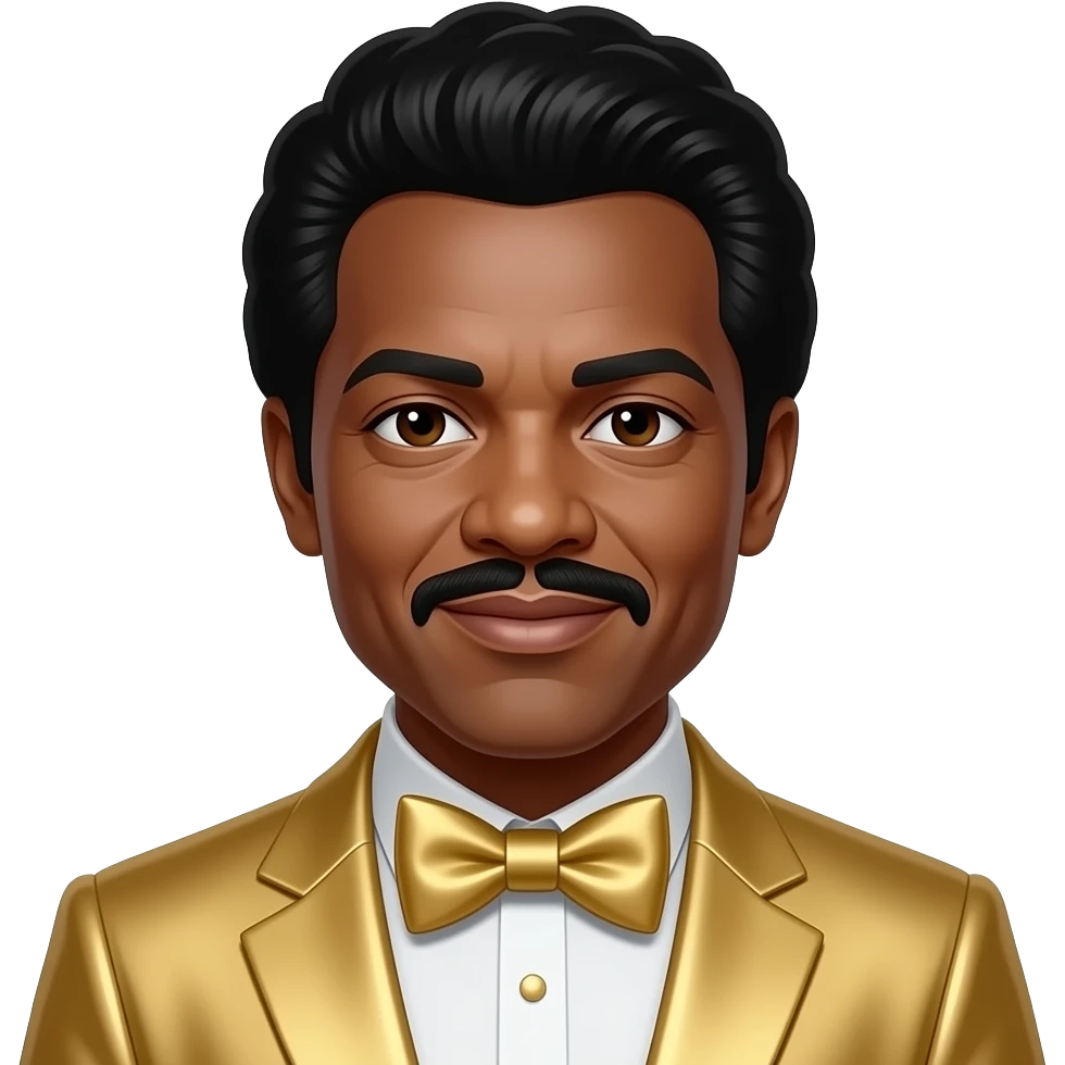 Paul Williams from The Temptations with dark brown eyes, black boogie hair, gold metallic suit with bow tie emoji