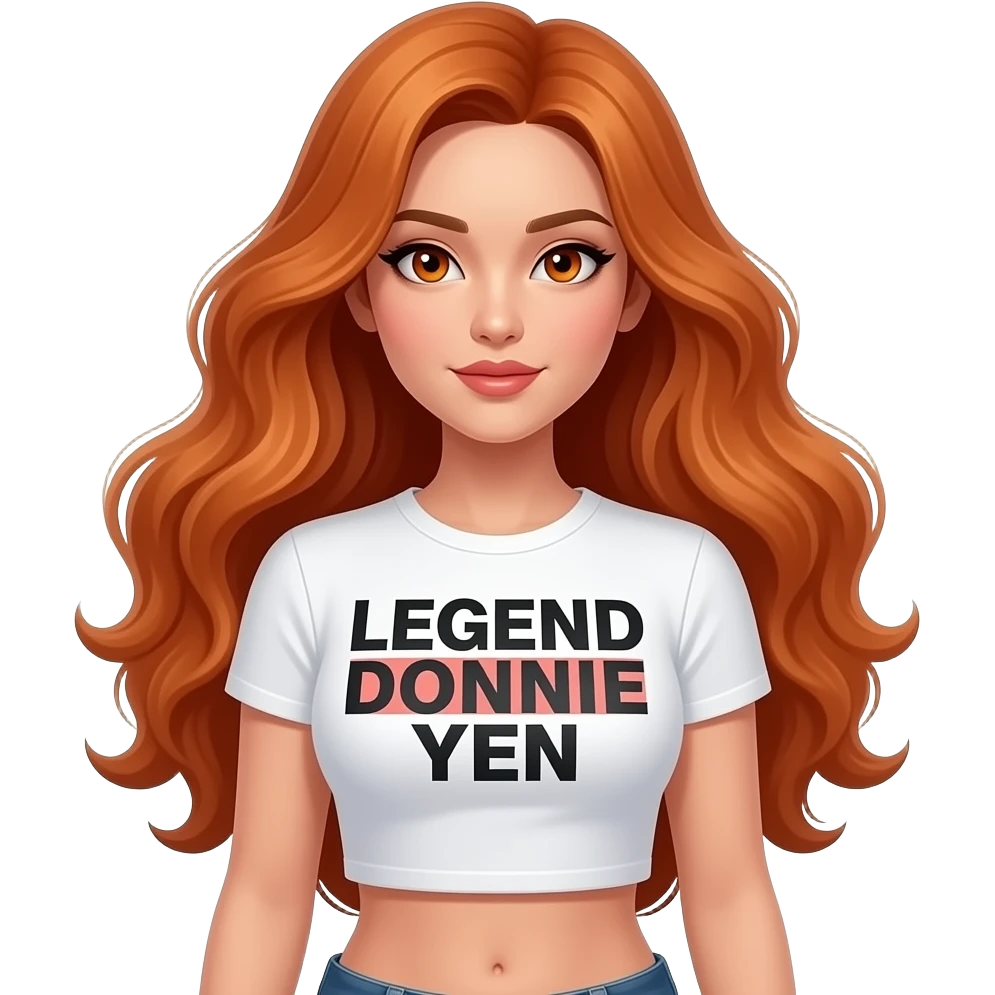 sexy girl with long ginger hair and ginger eyes a top with LEGEND DONNIE YEN written on it emoji