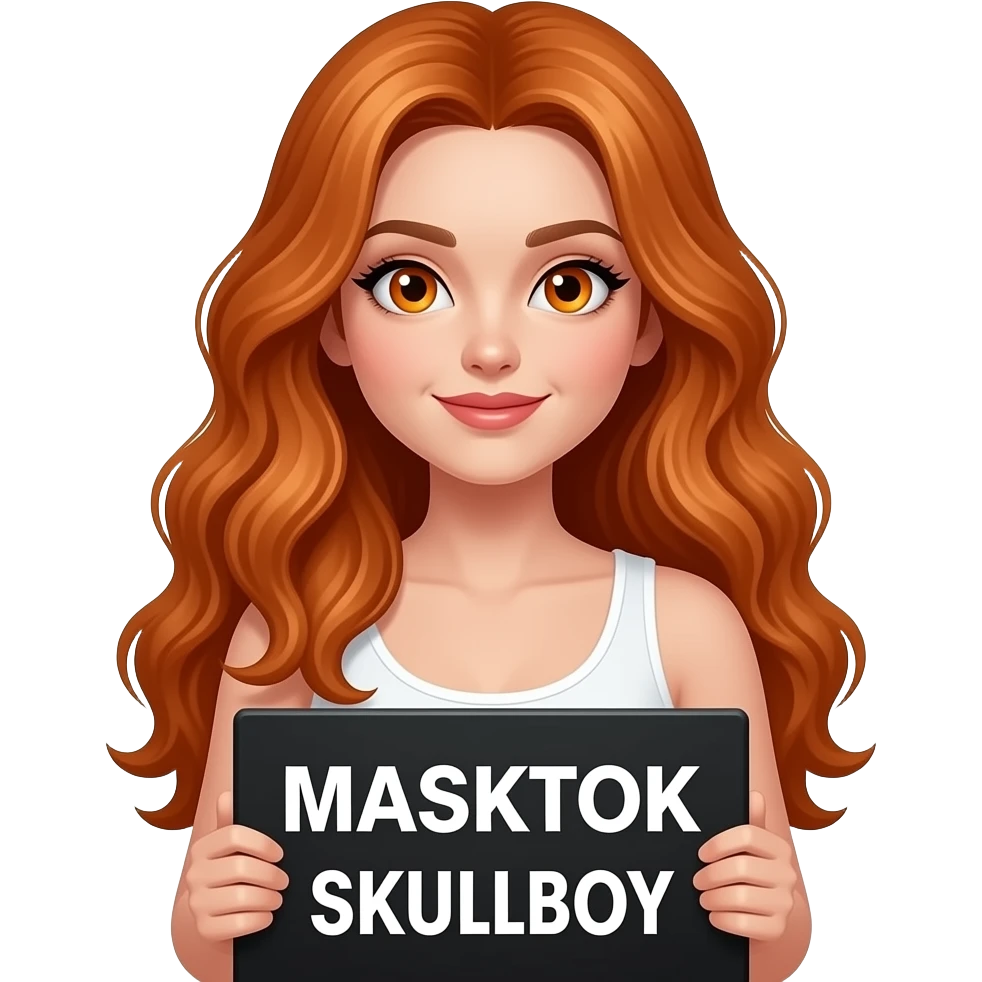 sexy girl with long wavy ginger hair and ginger eyes wearing a white tanktop is holding a black colored sign with MASKTOK SKULLBOY written on it emoji