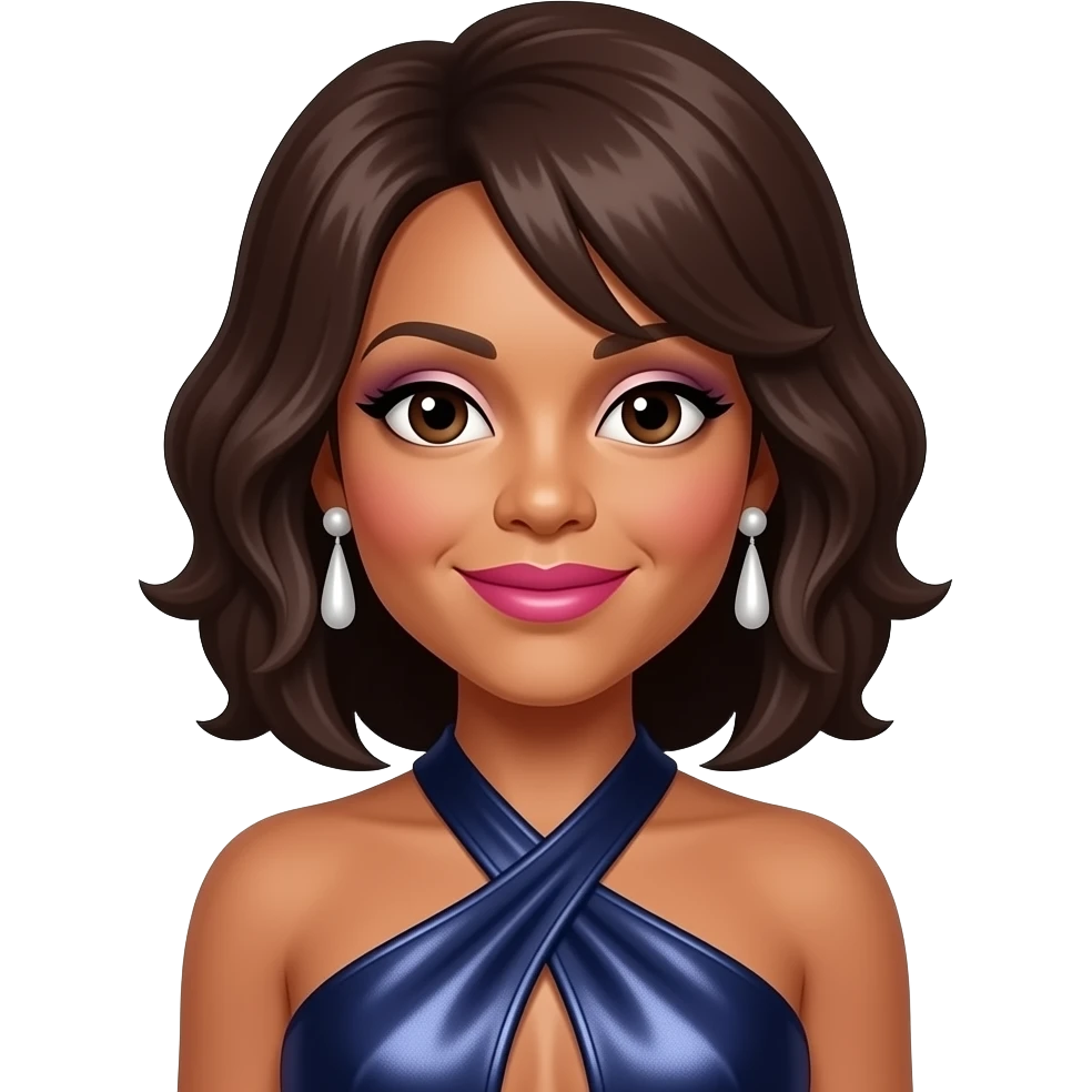 Whitney Houston with dark brown eyes, dark brown hair, white eyeshadow, hot pink lipstick, dark indigo metallic halter dress, white earrings emoji