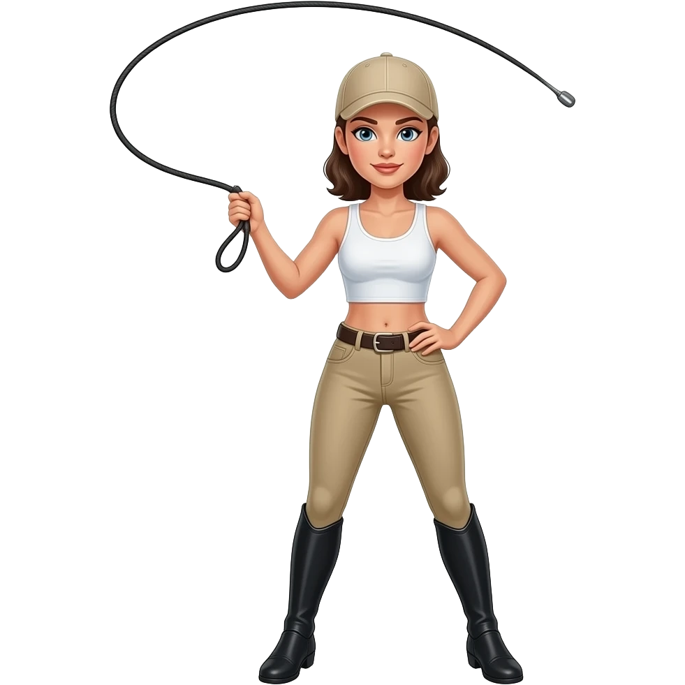 woman in beige riding jodhpurs, white crop top, and beige baseball cap, cracking a whip in the air with one hand, and her other hand on her hip, standing with her legs apart, animated emoji