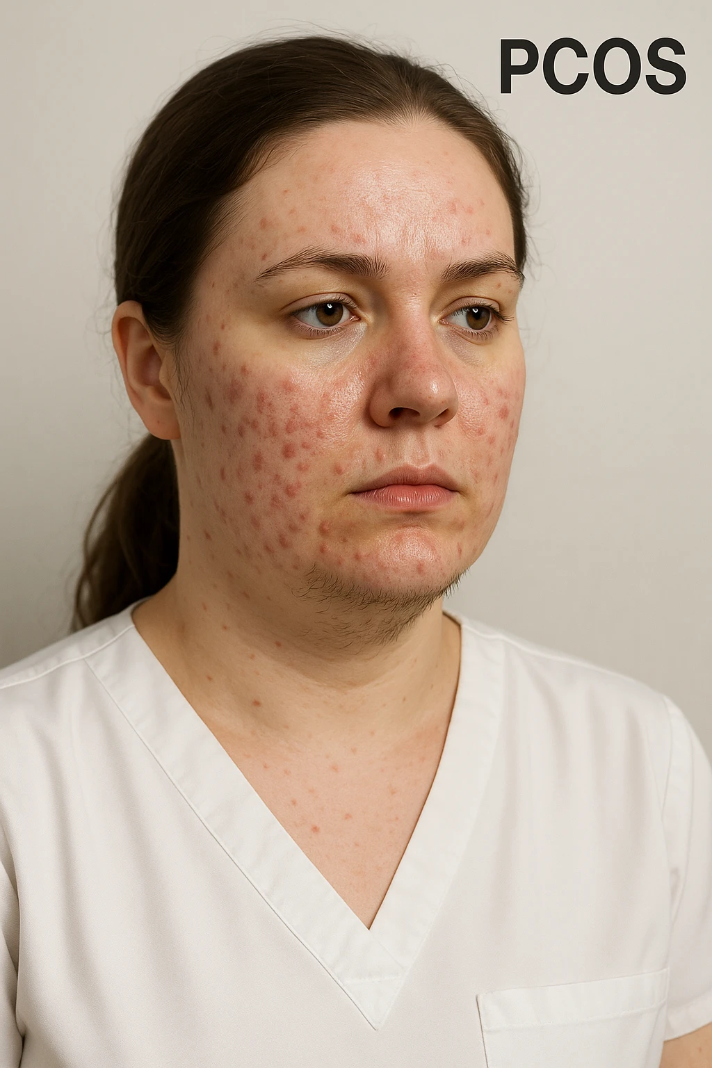 very realistic 3D medical image of a woman with PCOS showing acne on face and hair under chin, clinical details, neutral background, medical appearance, aspect ratio 2:3 emoji