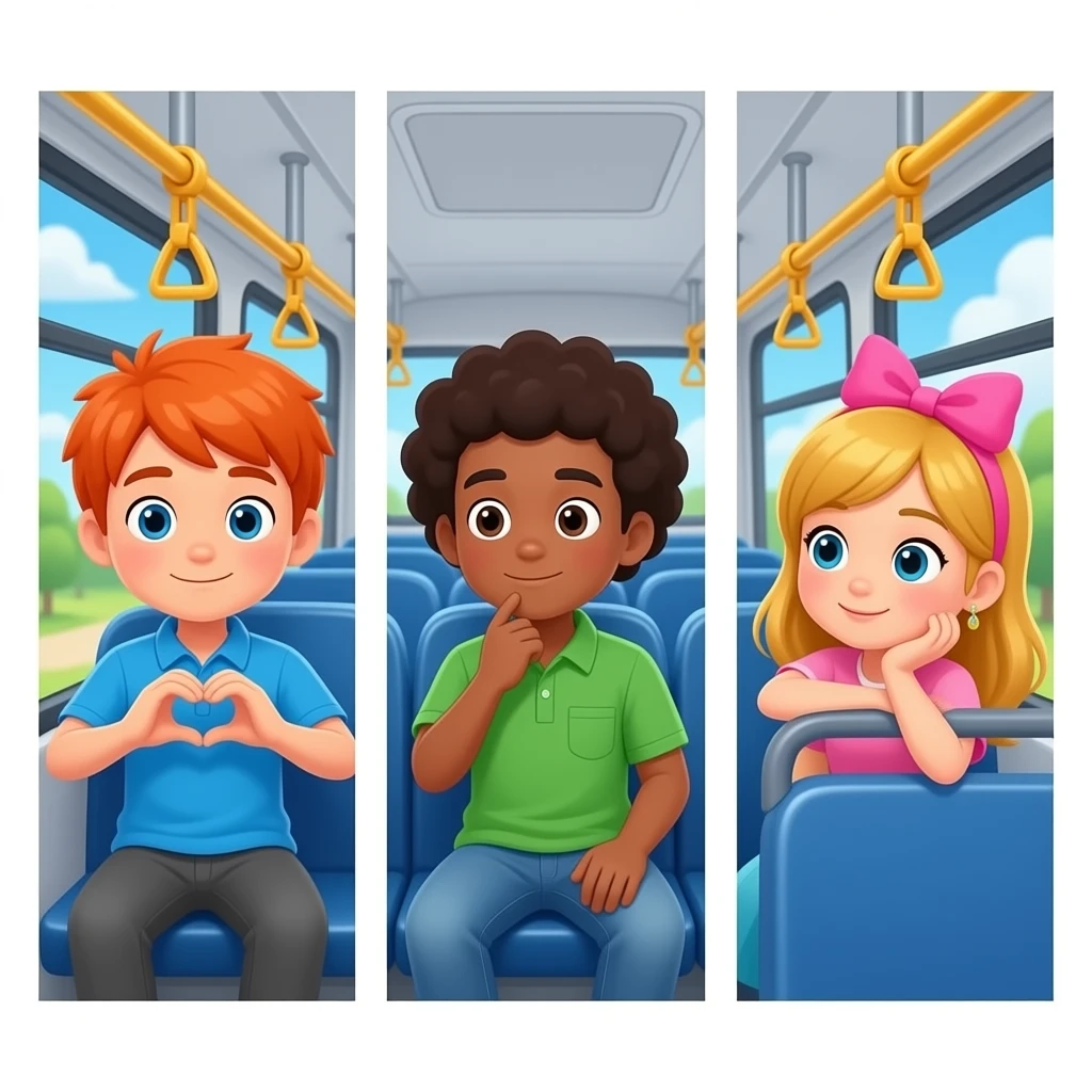 Bus pour compter et apprendre l'alphabet :Un garçon aux cheveux orange asiatiques, portant une chemise bleue, fait un cœur avec ses mains. Un autre garçon aux cheveux afro, vêtu d'une chemise verte, semble pensif. Une fille aux cheveux blonds asiatiques, portant un nœud rose, se penche  dans le bus. emoji
