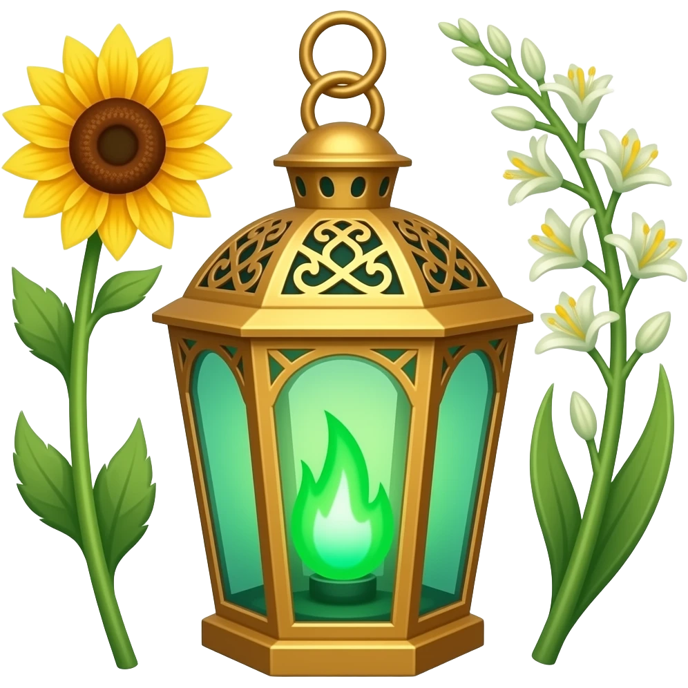 A golden hanging lantern with a bright emerald green flames, an empty loop on top, fae filigree themed sunflowers on the left and asphodels on the right as part of the design, but simple focus more on the green flames, paint the glass more green emoji