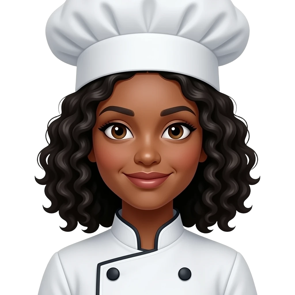 A medium-dark skinned woman with shoulder-length curly black hair dressed as a kitchen chef emoji