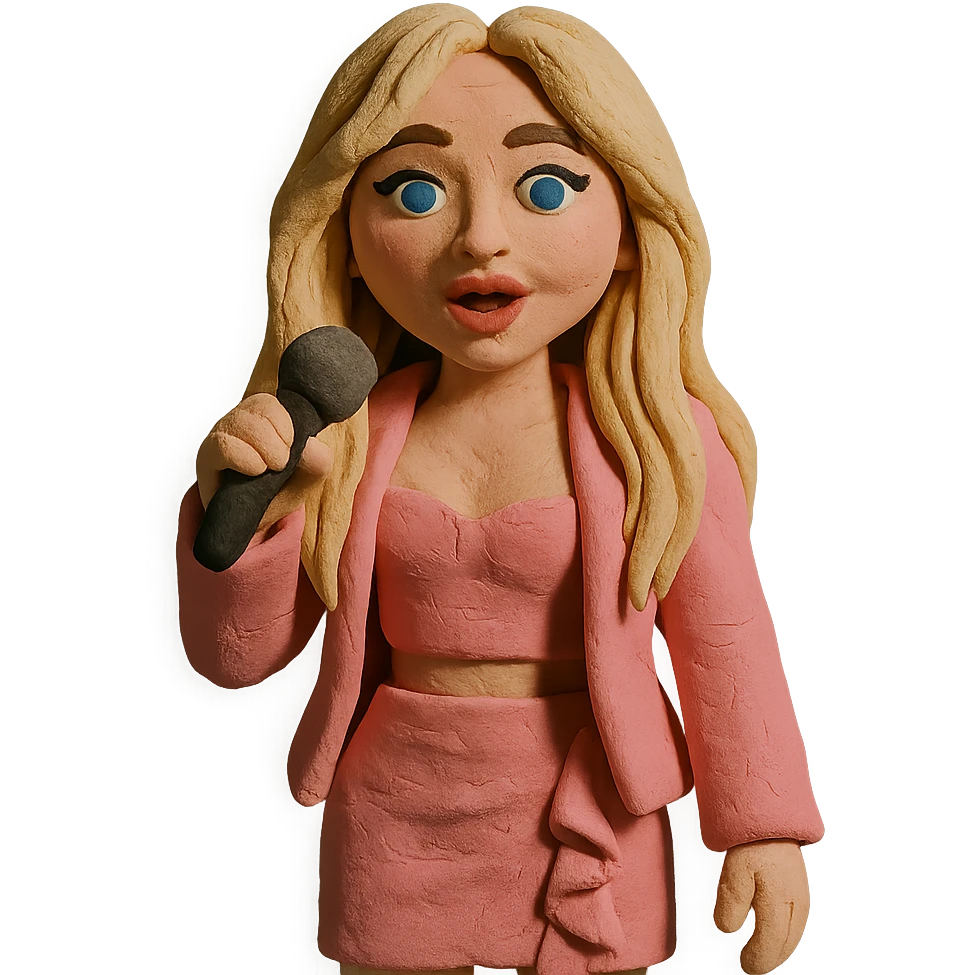 Sabrina Carpenter in a fancy pink outfit with a microphone emoji