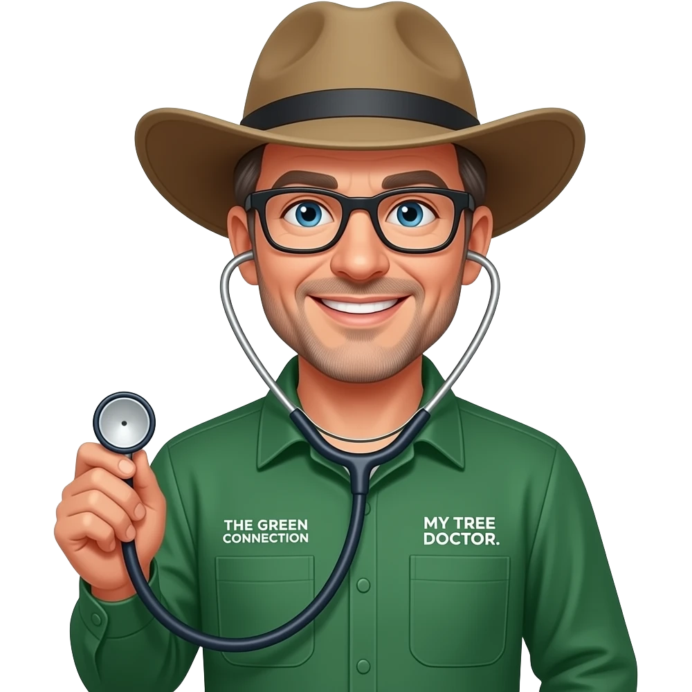 smiling middle-aged man blue eyes. Dark rectangle glasses, in green-collared, long-sleeve shirt.  Flatter wider-brim Australian Akubru hat. Holding a stethoscope. Insert 'THE GREEN CONNECTION' in white directly onto the left pocket & onto the right pocket, place only the words 'MY TREE DOCTOR' emoji