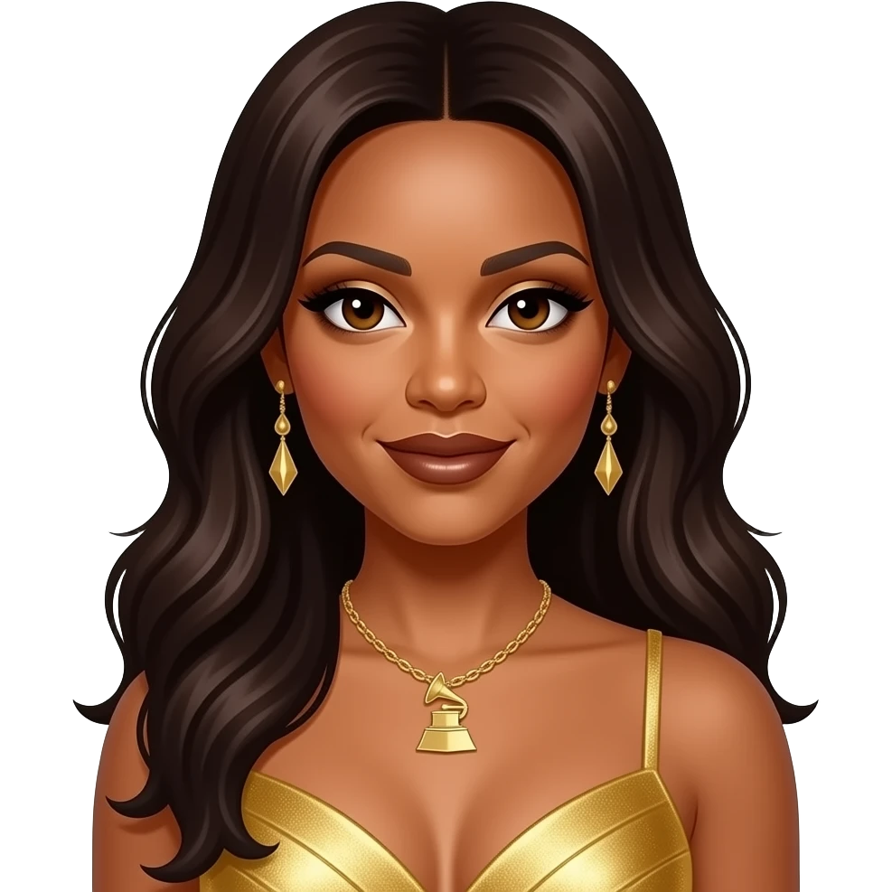Kelly Rowland from Destiny's Child with brown eyes, long dark brown hair, gold eyeshadow, dark brown lipstick, gold grammy dress, necklace and earrings emoji