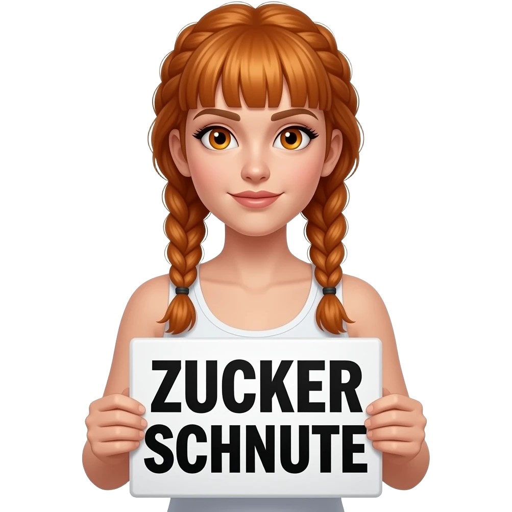 sexy girl with long ginger braids and ginger eyes wearing a white tanktop is holding a black sign with ZUCKER SCHNUTE written on it emoji