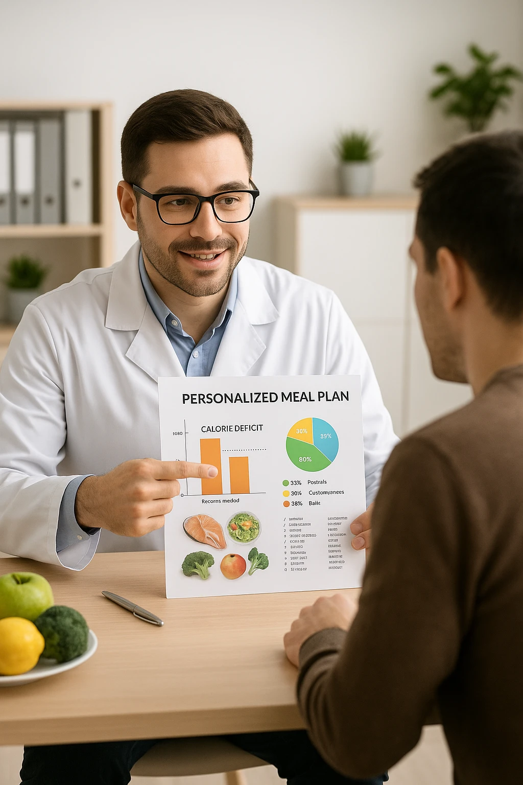 a nutritionist sits at a desk with a client, showing a personalized meal plan and a chart that clearly displays the client’s specific daily caloric deficit. The nutritionist points to the chart, which includes recommended calories, macronutrient breakdown, and healthy food options. The mood is professional, supportive, and educational. in italiano emoji