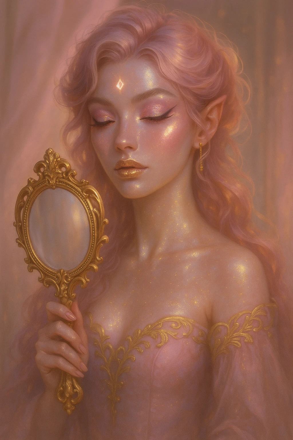 fantasy female with glowing skin, magical makeup, holding a golden mirror, pastel pink and gold, elegant, mysterious, TikTok cover style emoji