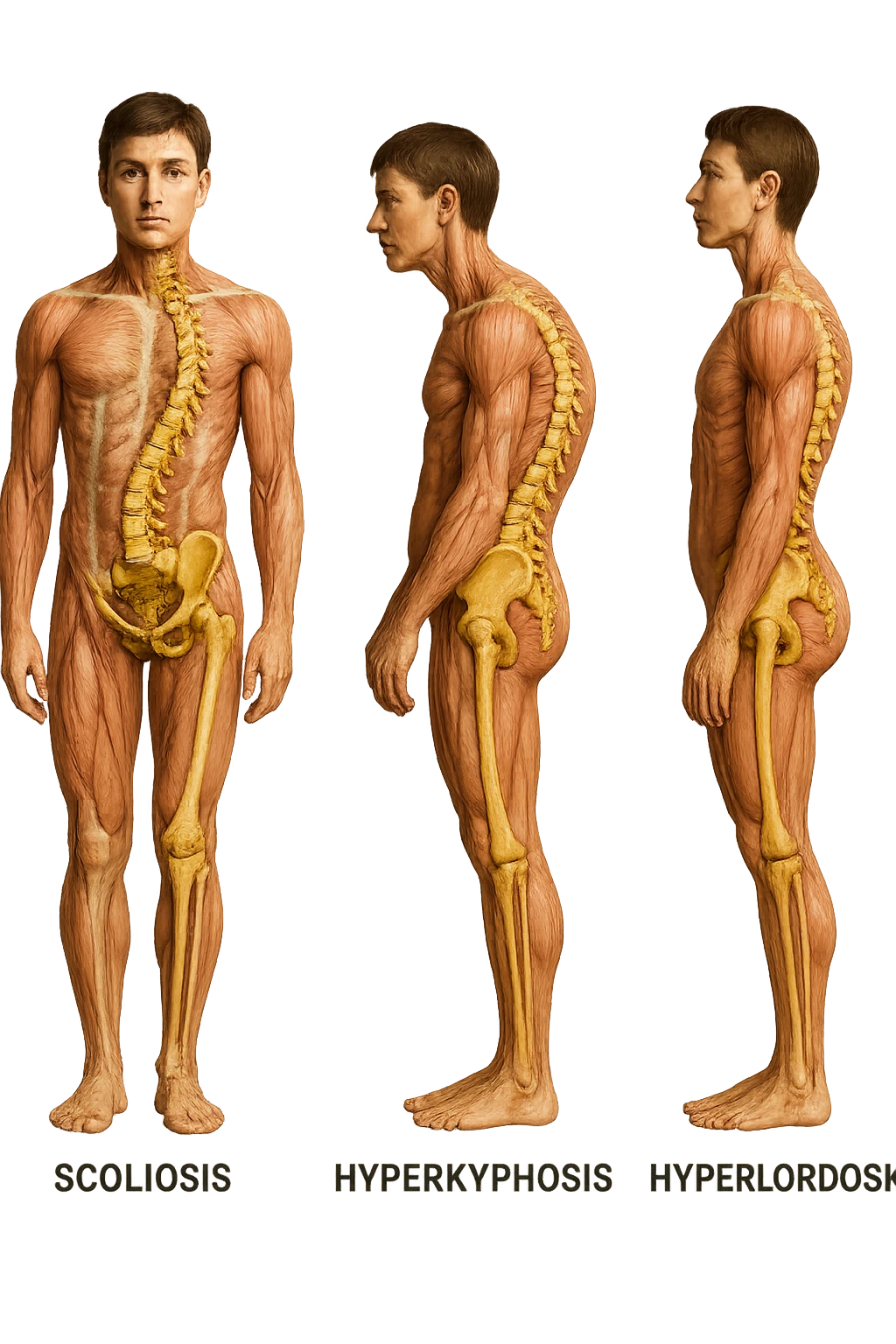fai un immagine identica che riguarda 3 posture scorrette: scoliosi, ipercifosi e iperlordosi. falla iperrealistica anatomica in 4k con spina dorsale storta in evidenza su ogni figura emoji