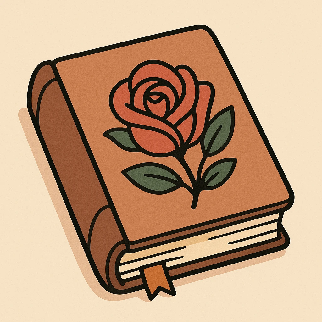 a book with a stylized rose pattern on the cover, modern look, flat toon style emoji