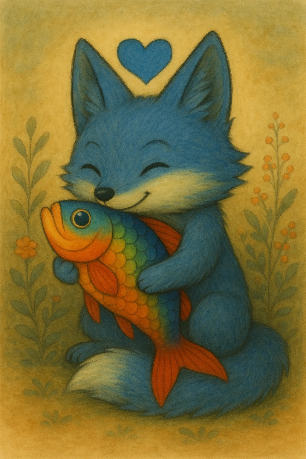 Change the heart above the blue fox and rainbow fish to a blue heart, keeping the ghibli style. emoji