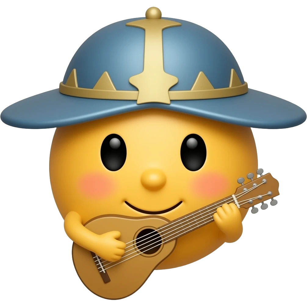 verry round yellow face emoji with a "medieval bard hat" and a bard instrument, without hands emoji